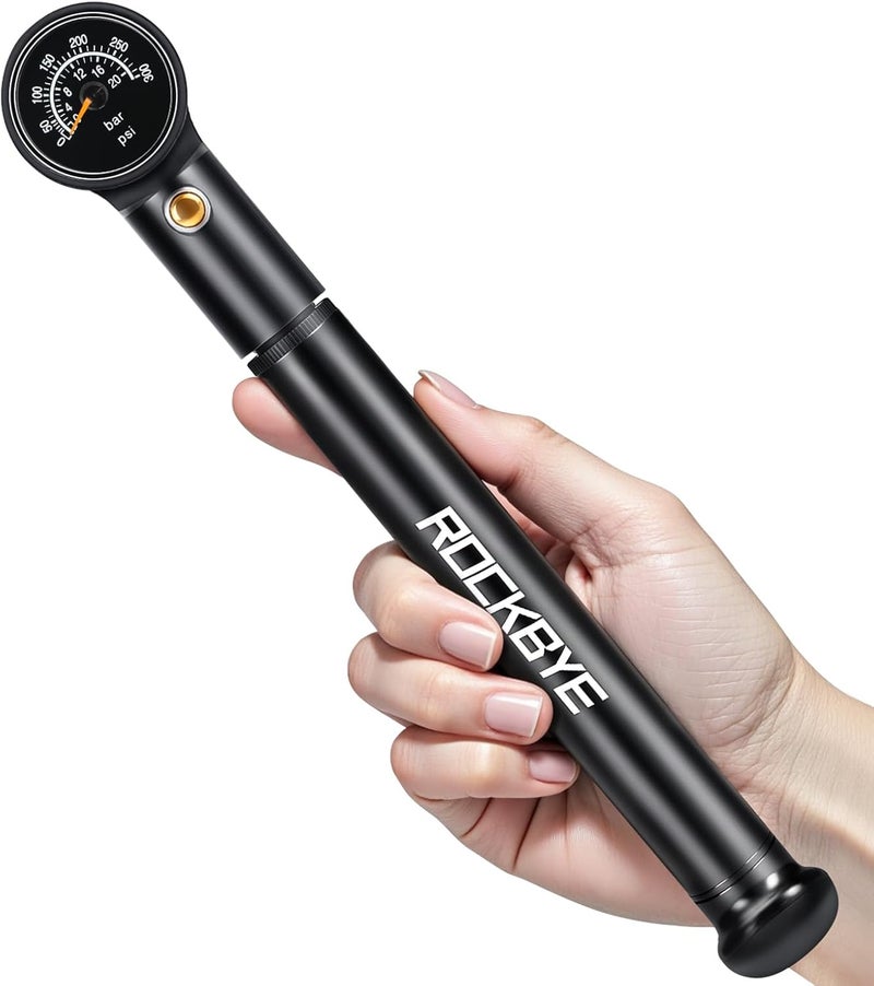 Onvian مضخة دراجة محمولة مع مقياس، 300 PSI مضخة هواء عالية الضغط لإطارات الدراجات ومضخة صدمات، مضخة يد صغيرة لصمامات بريستا وشرايدر، تعليق أمامي وخلفي، زر تفريغ الهواء - Image 1